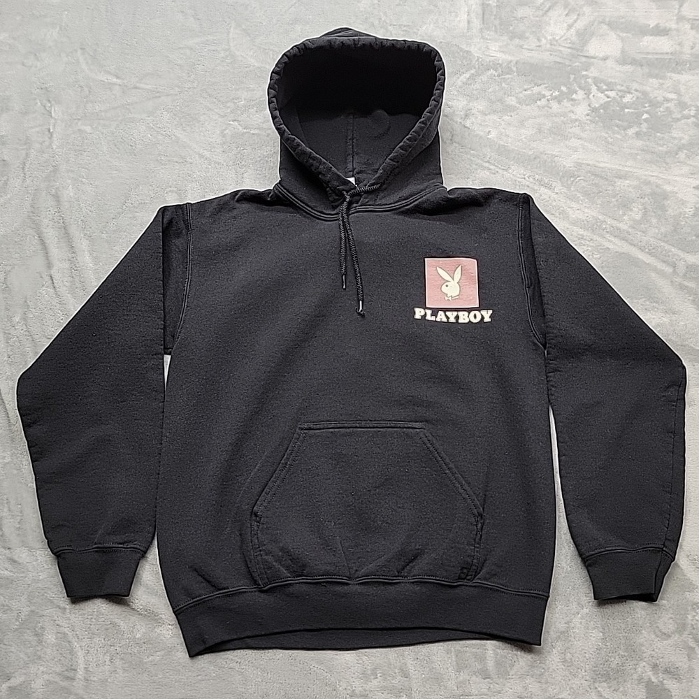 Playboy Hoodie Mens Small Black Graphic Bunny Logo Pullover Heavy Blend